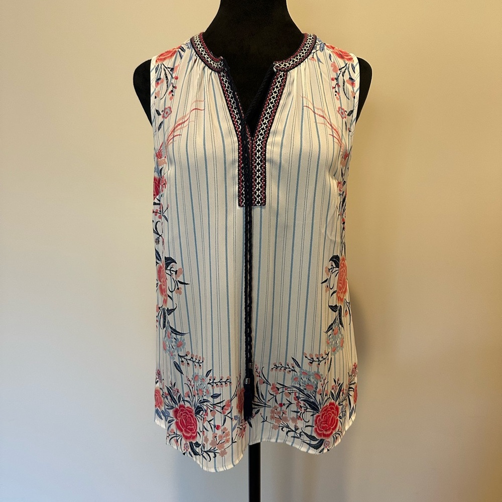 DR2 Floral Striped Sleeveless Blouse - White and Pink